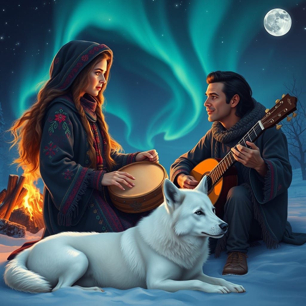 Nordic Princess Performs Soulful Melody as Oudist by the Fir...