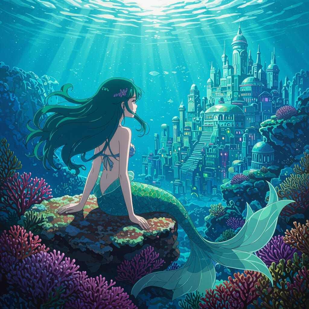 Mermaid on Coral Reef in Anime Key Visual Style