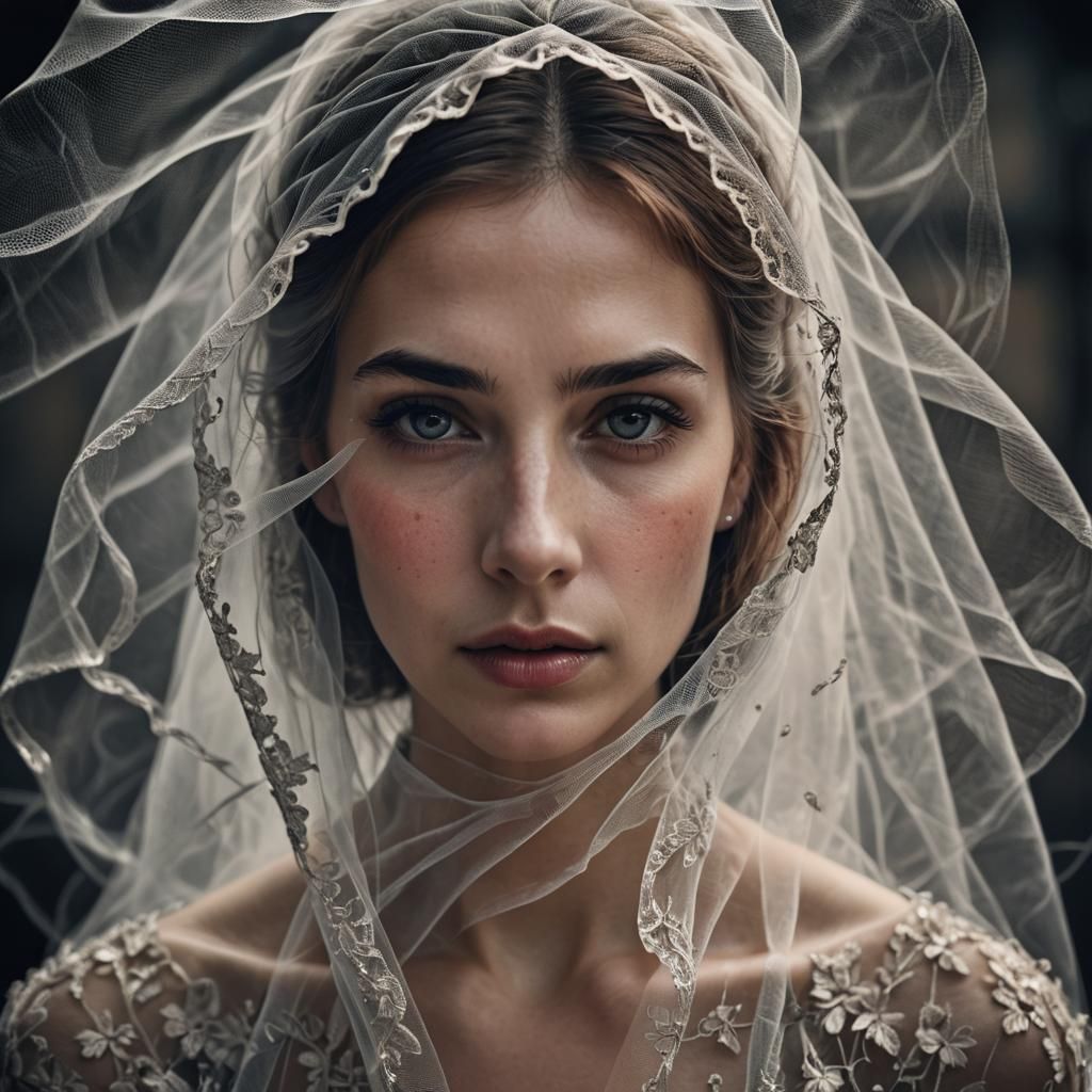 Woman's Portrait with Tulle Veils in Hyperrealistic Style