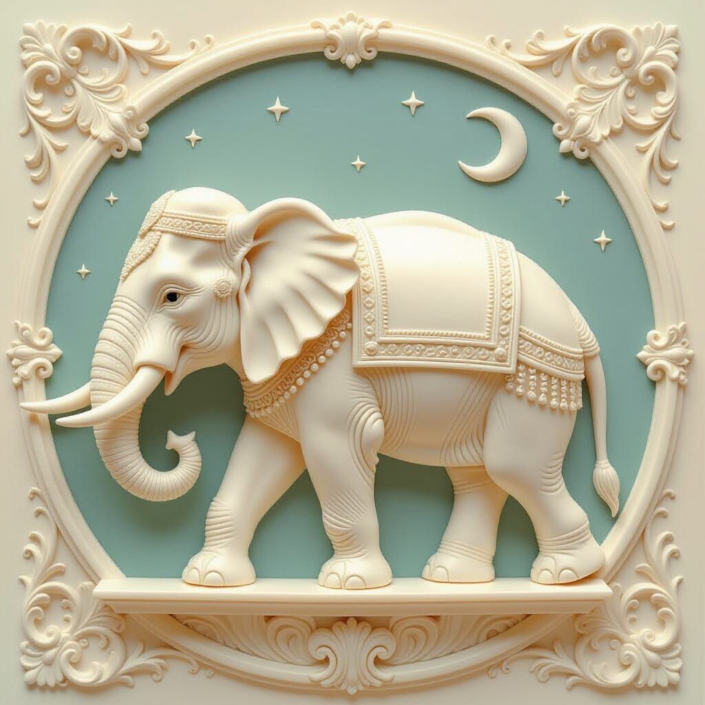 Ivory Battle Elephant Carving in Moonlight