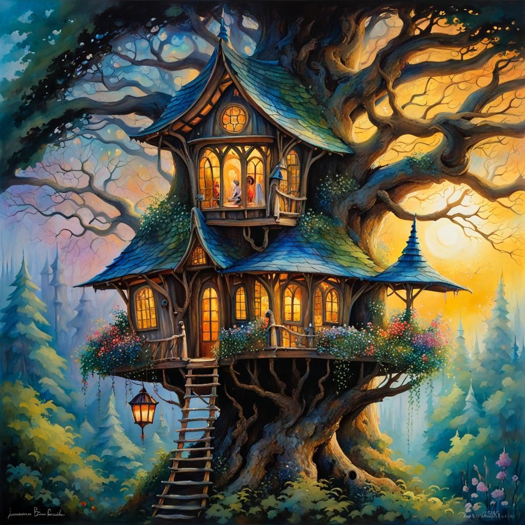 Magical Witch's Treehouse in Forest, Detailed Painting