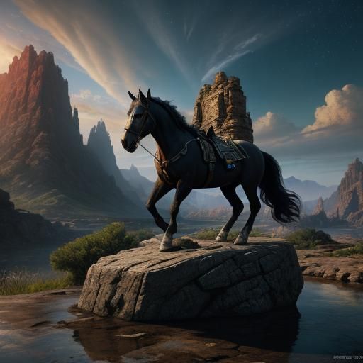 Horse on Sky Rock: Detailed Fantasy Art