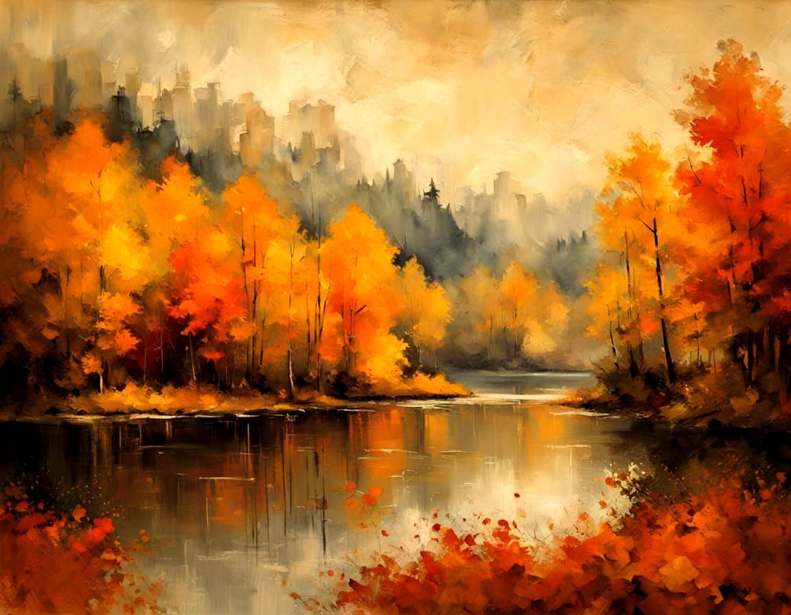 Vibrant Autumn Forest Oil Painting at Golden Hour