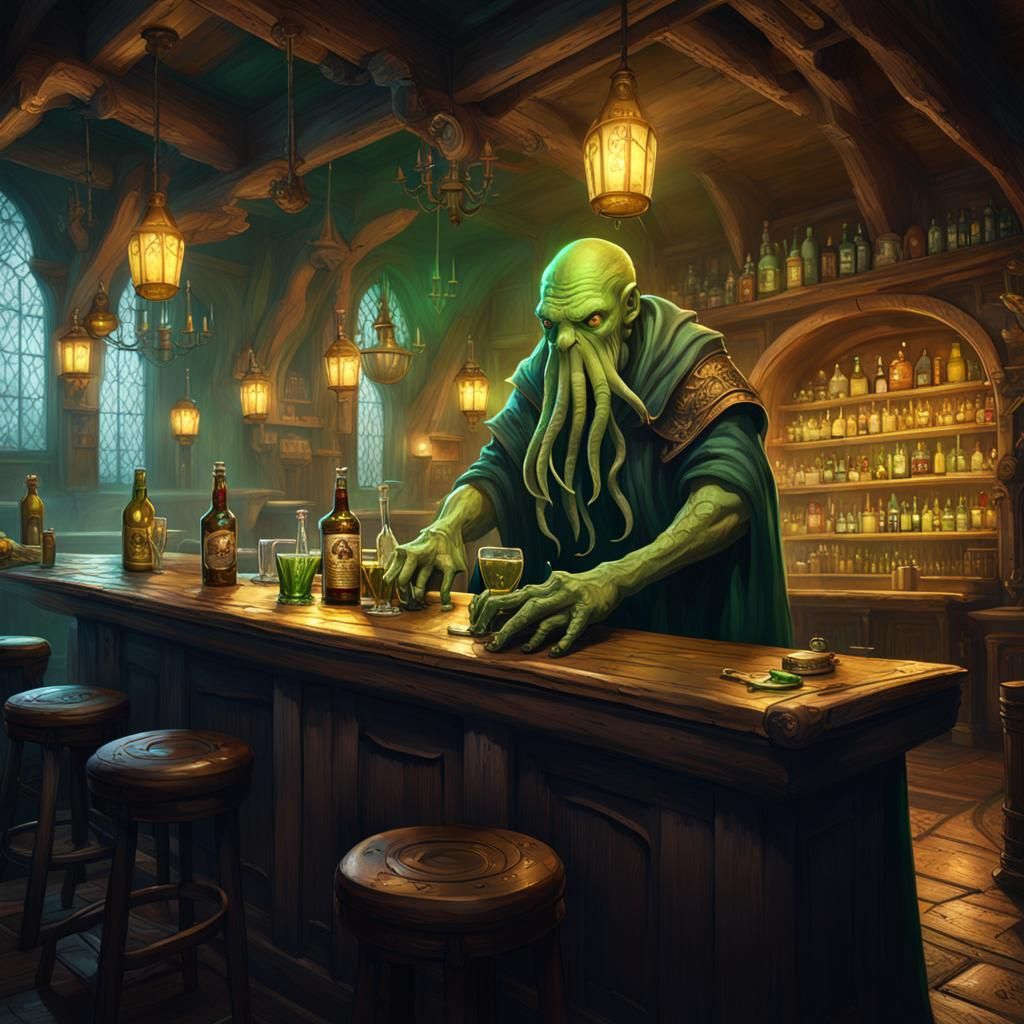 Cthulhu Mindflayer Bartending in Medieval Tavern