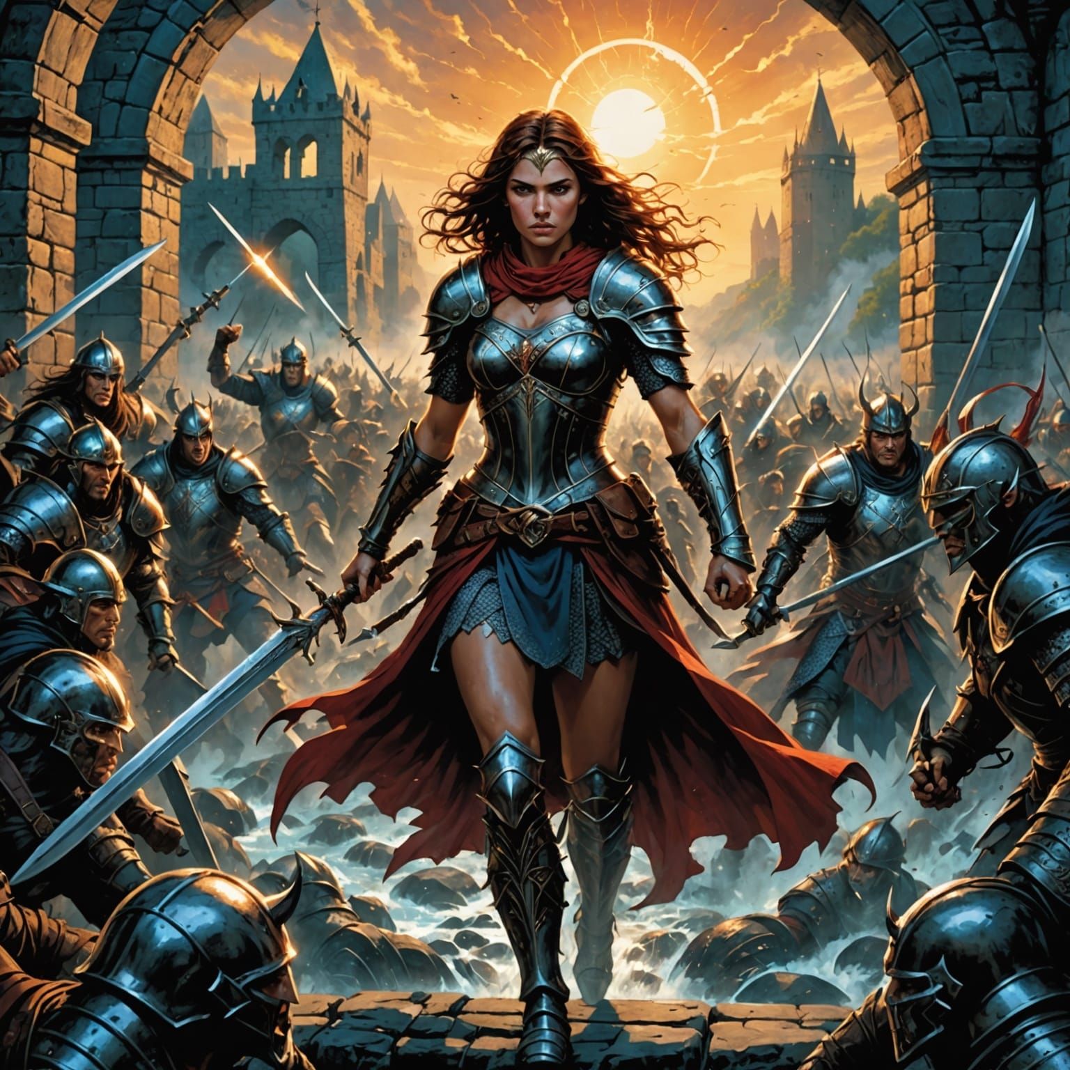 Epic Warrior Woman Battles Demons on the Stone Bridge