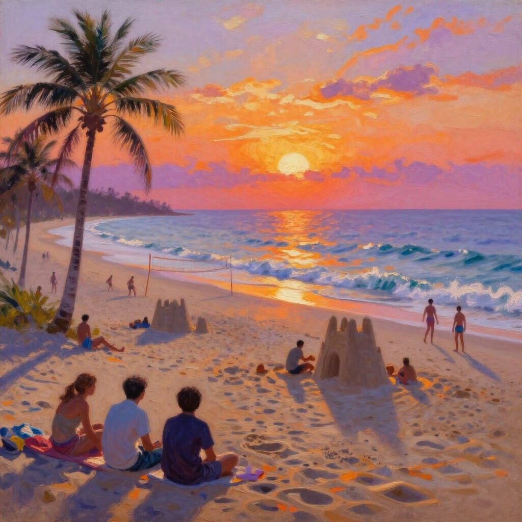Sunset Beach Scene with Palm Trees and Volleyball