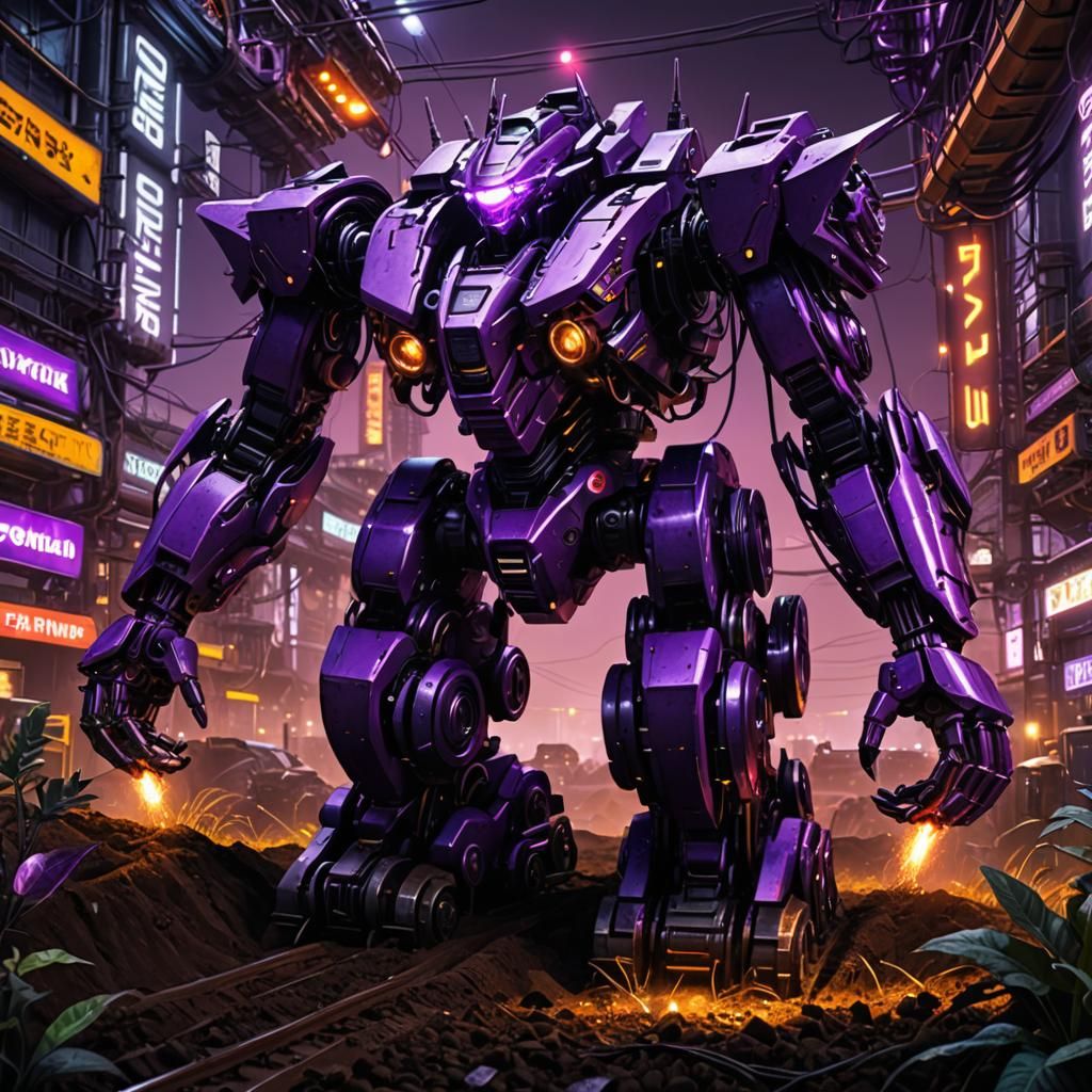 Purple Mecha Gardener in Cybernetic Landscape