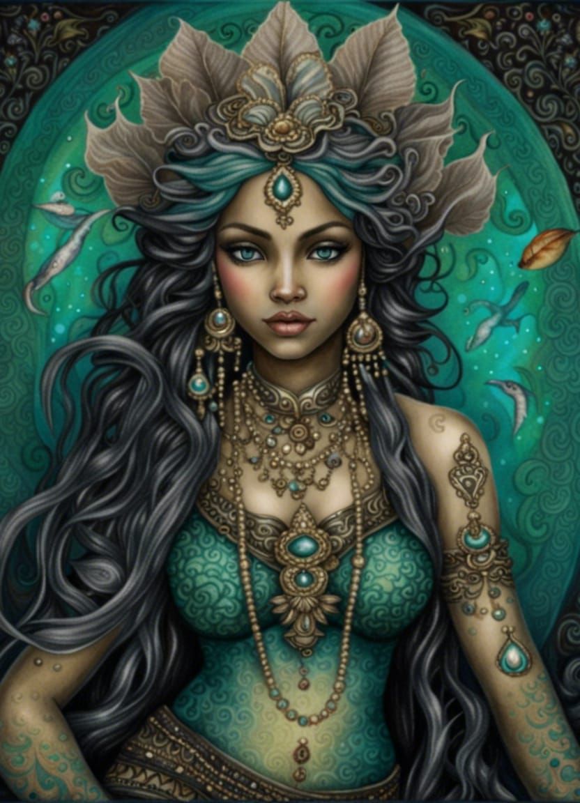 Mermaid in Buddha Fashion, Folk Art Illustration