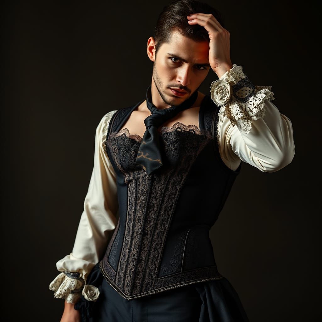 Victorian Man in Corset: Dramatic Art Nouveau Portrait