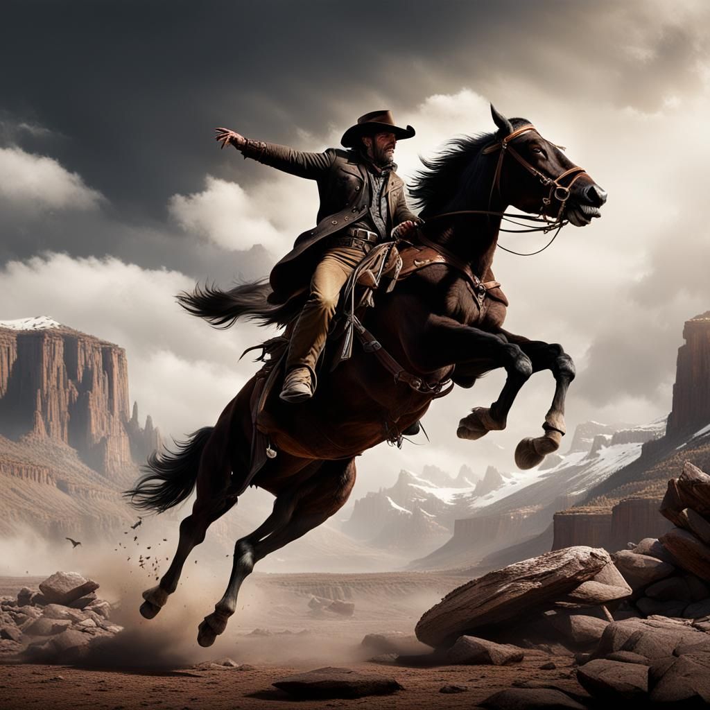 Bison Leaps Over Cowboy: Detailed Matte Painting