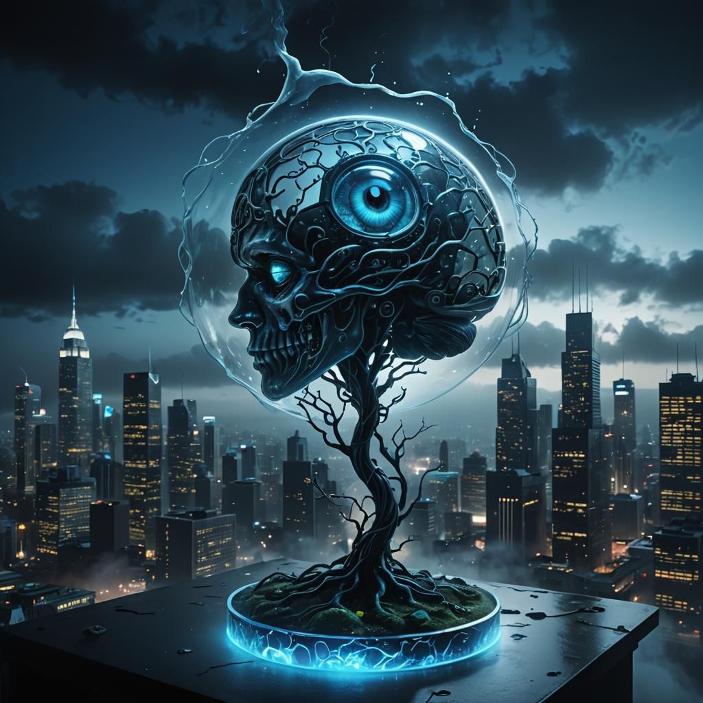 Bioluminescent Brain Structure in Glass, Dark Fantasy 3D Art