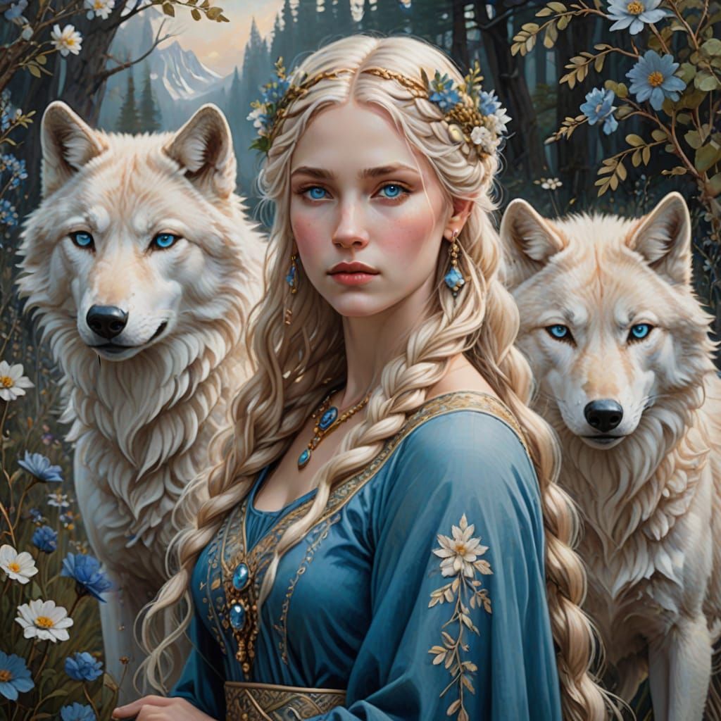 Norse Goddess with Arctic Wolf in Painterly Realism