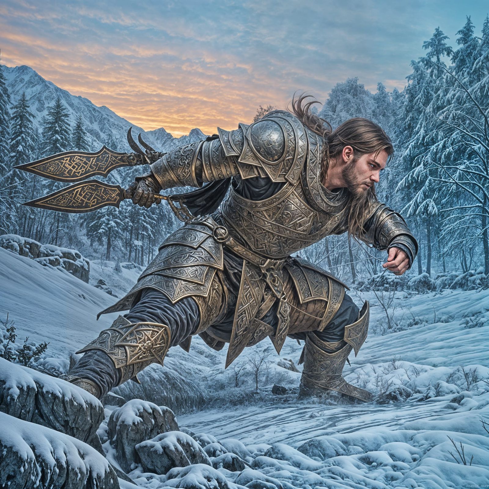 Epic Viking Templar Warrior in Winter Battle Stance