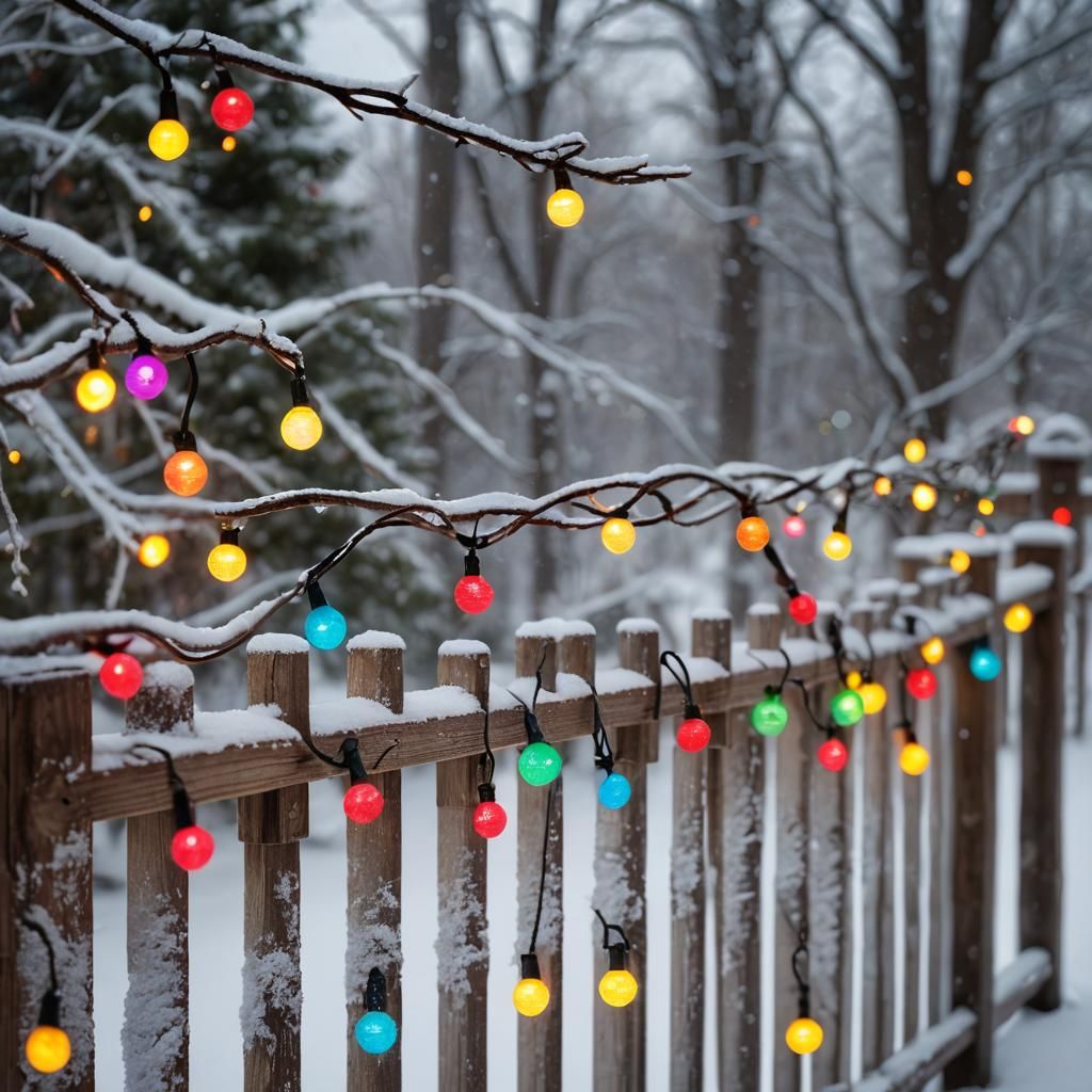 Festive Christmas Lights on Snowy Porch