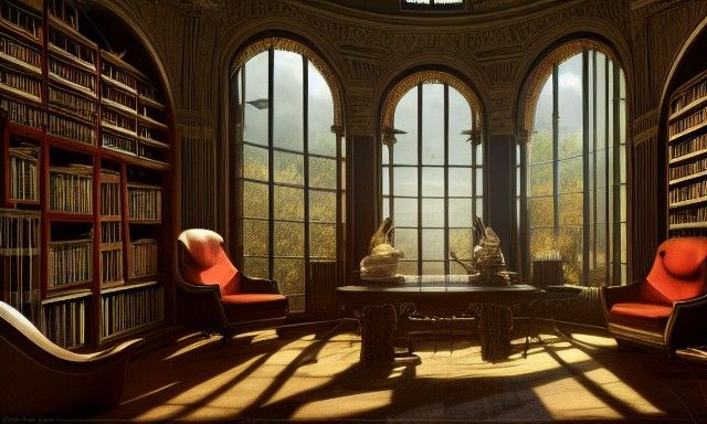 Sunlit Study with Bookshelves: Digital Matte Painting