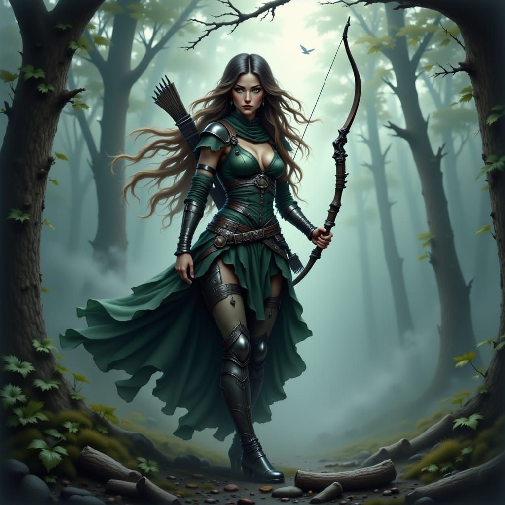 Archer Woman in Fog-Laden Woods