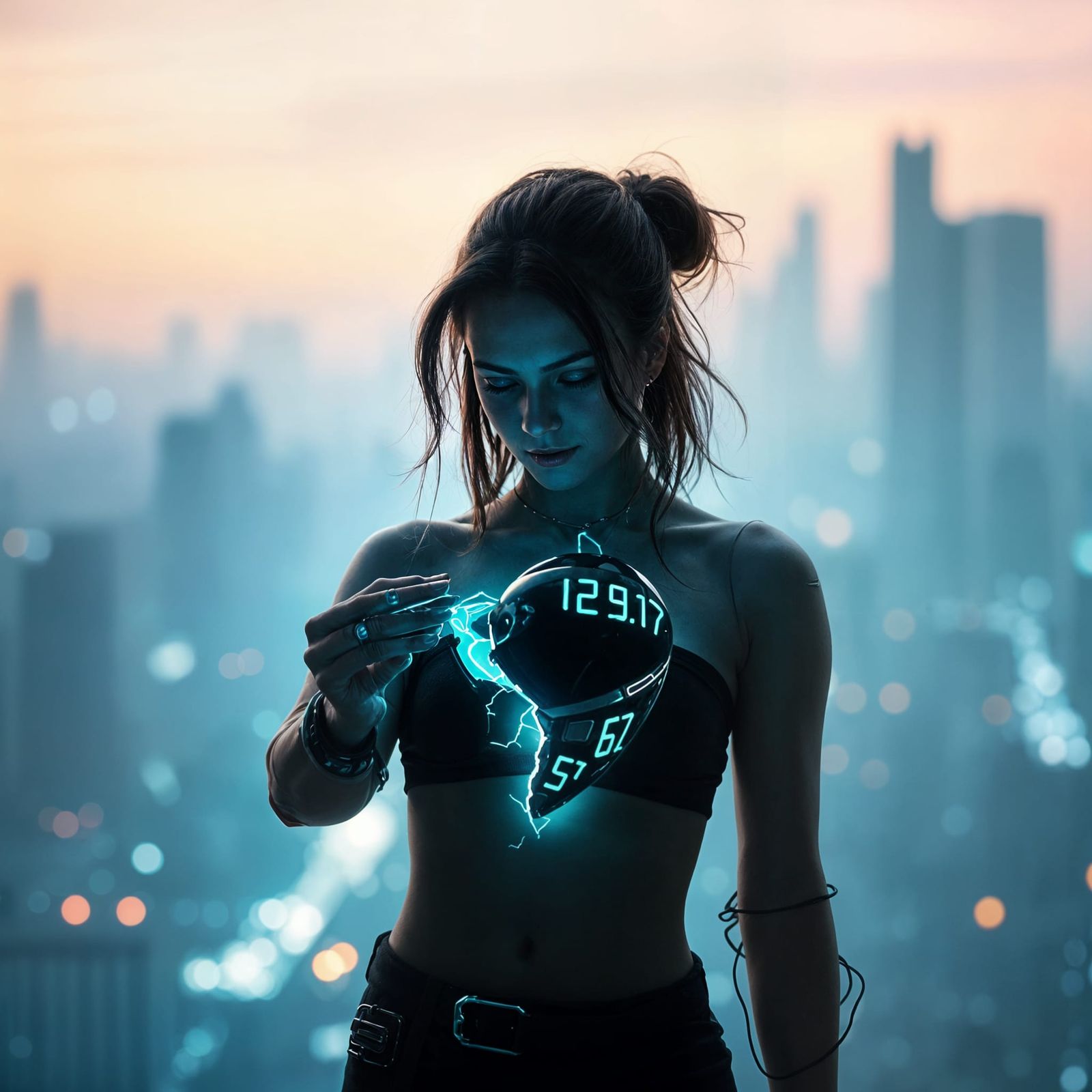 Cyberpunk Goddess Holding Shattered Heart