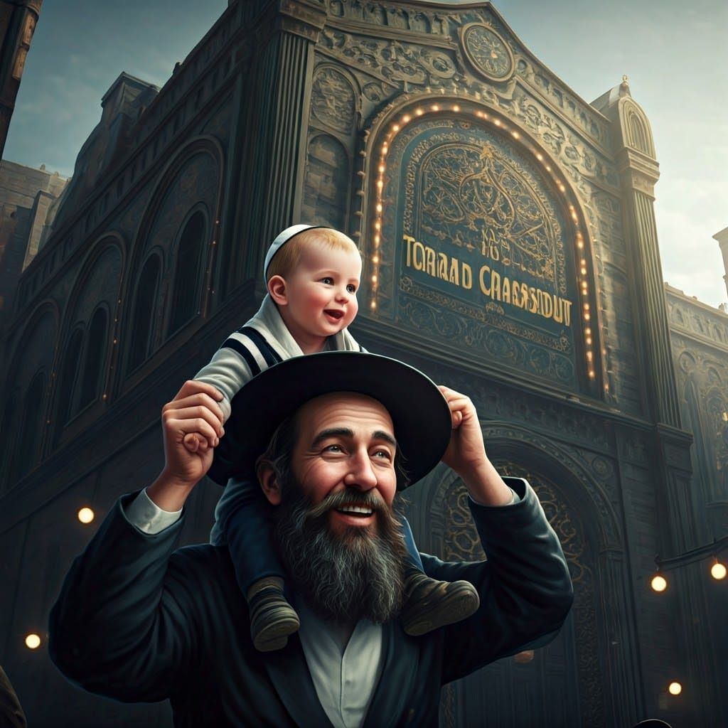 Joyful Hasidic Man and Baby in Dreamlike Setting