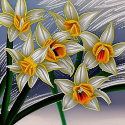 Daffodils Bloom in Snow: Expressionist Acrylic Painting