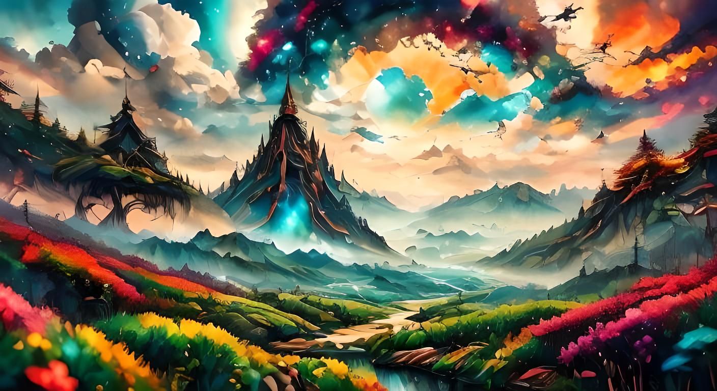 Colorful Surreal Dreamscape with Swirling Clouds