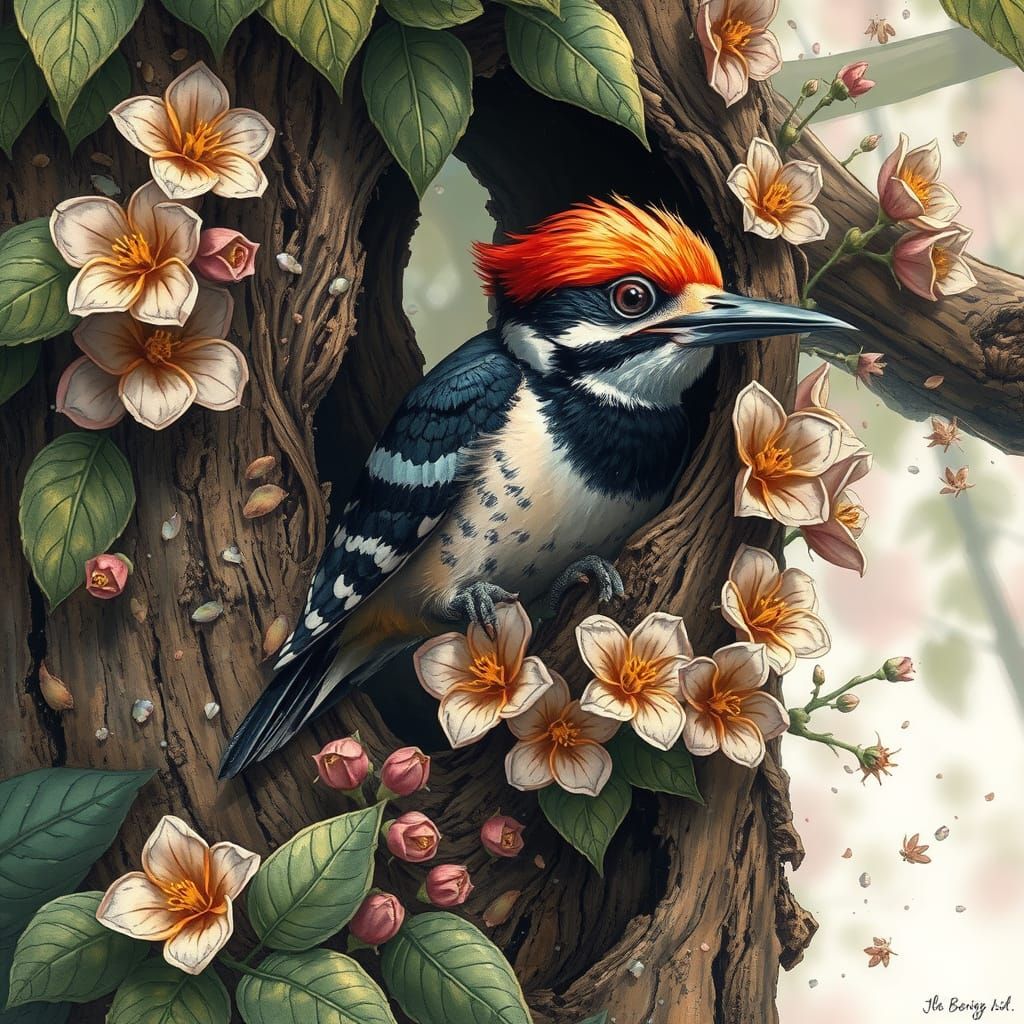 Magical Baby Woodpecker Bird in Fantasy Nature Art