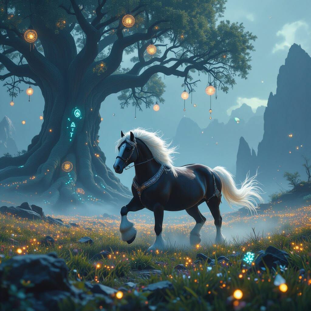 Bioluminescent Horse Galloping Through Alien Landscape
