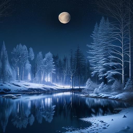 Winter Bonfire Night Reflection Under Starry Sky