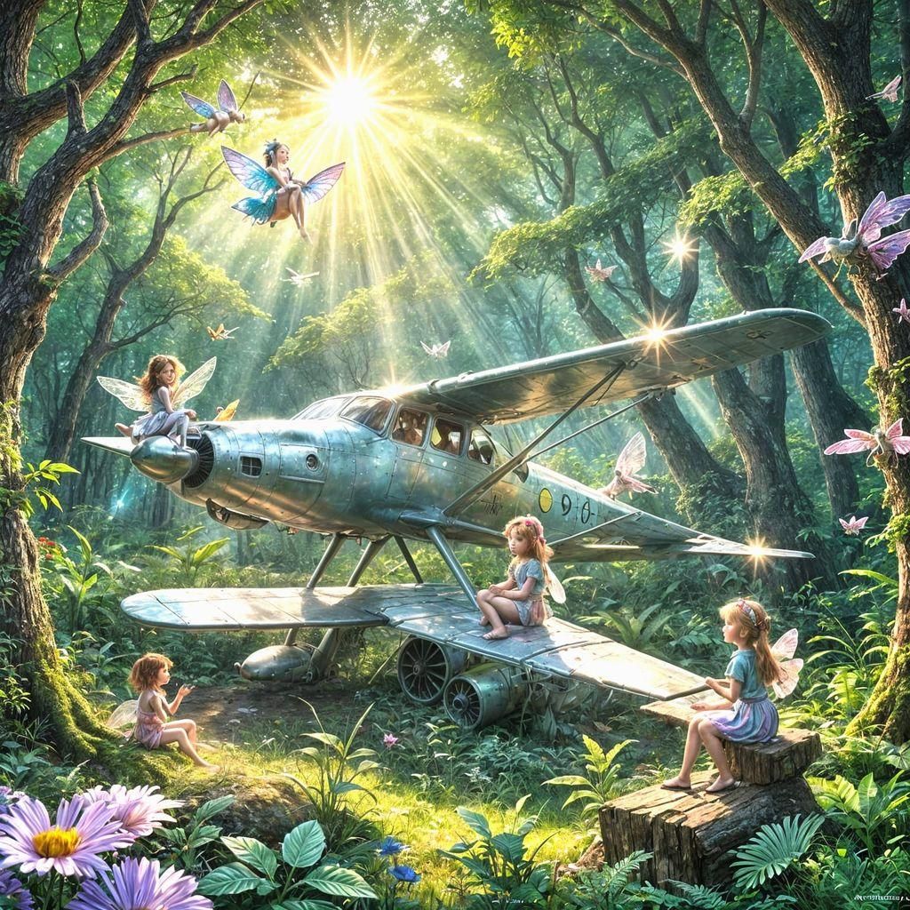 Fairies Repairing Airplane in Forest, Cosmic Illustration