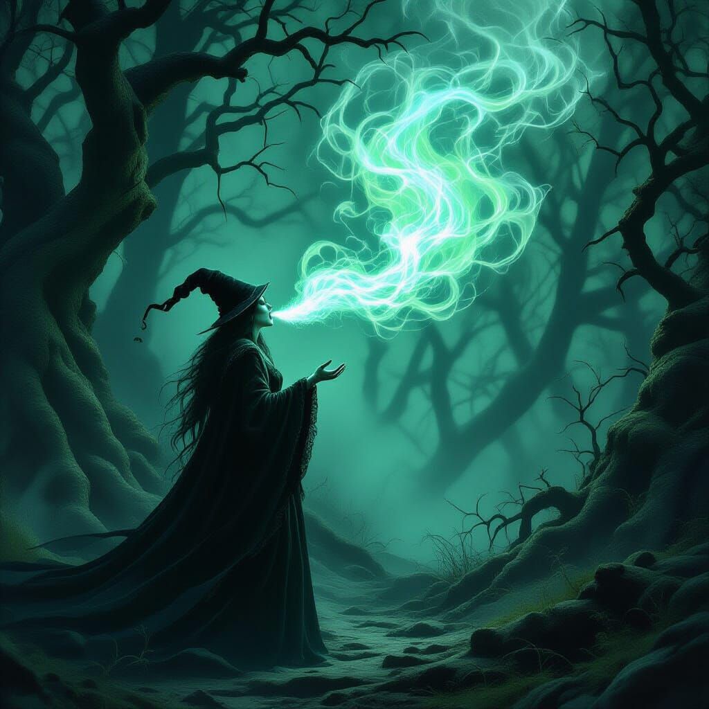 Witch Emitting Ectoplasmic Ghost in Ancient Forest