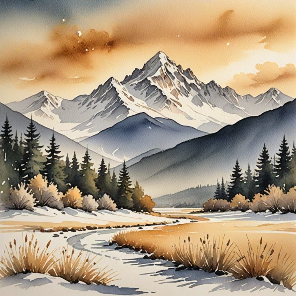 Serene Snow-Capped Mountains in Watercolor Style