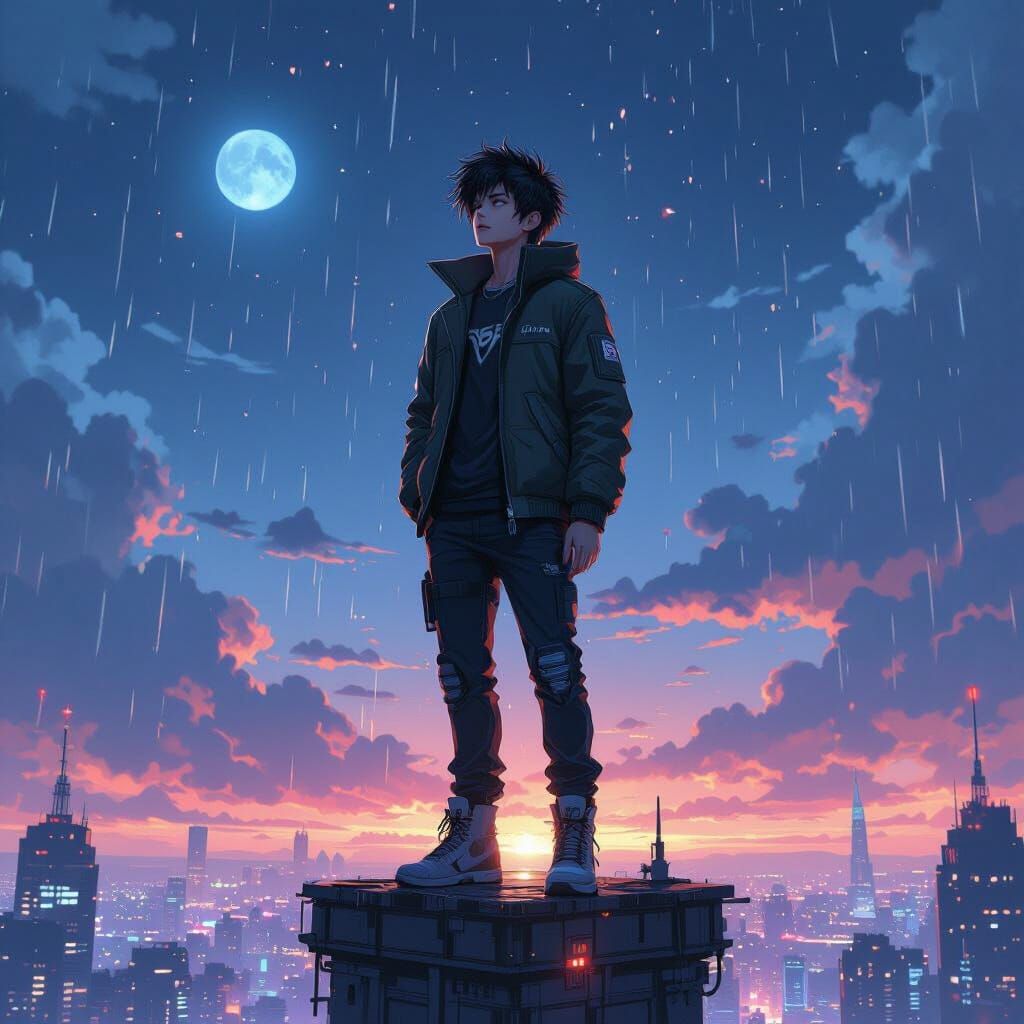 Handsome Anime Boy in Cyberpunk Cityscape