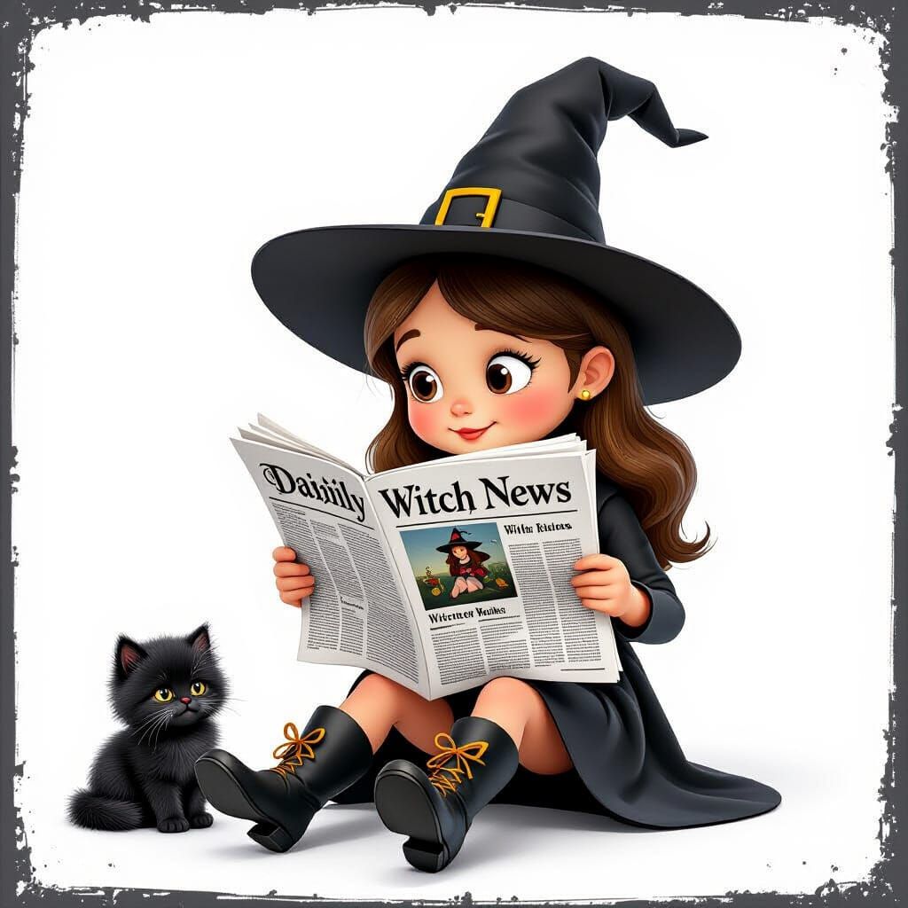 3D Disney Style Witch Girl Reading Newspaper