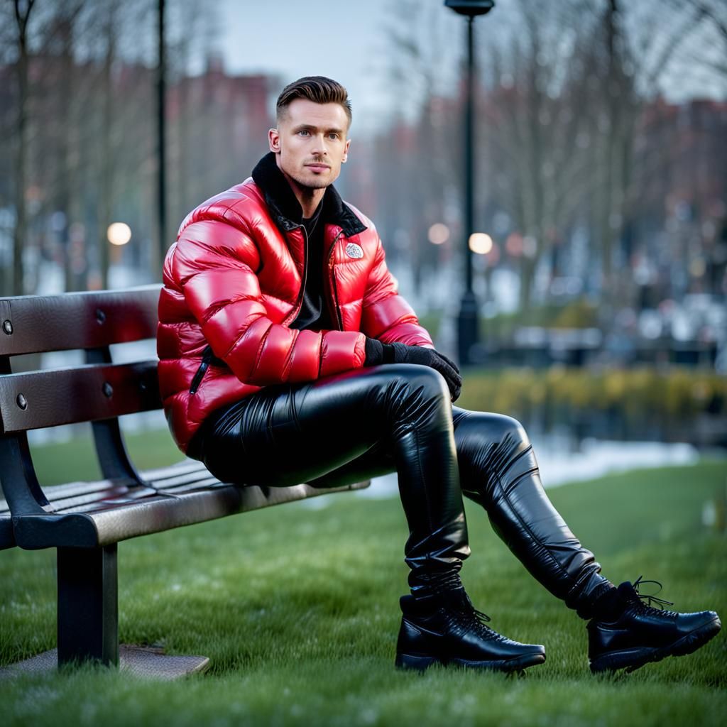 Man in Leather Trousers and Puffer Jacket