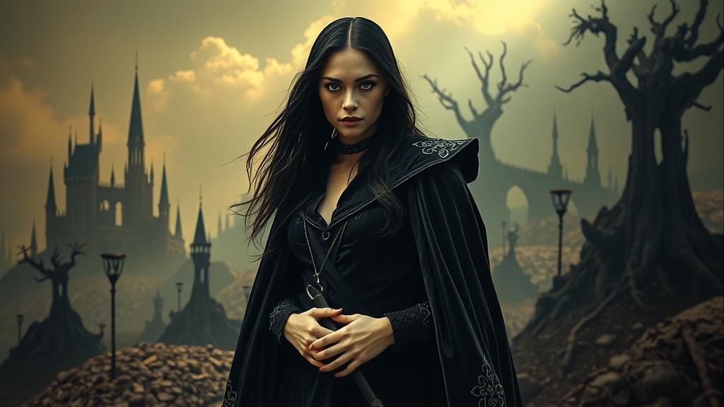 Dark Sorceress Overlooking Decimated Fantasy Realm