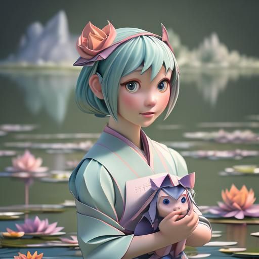 Folklore Art Portrait: Girl, Dog, and Water Lilies