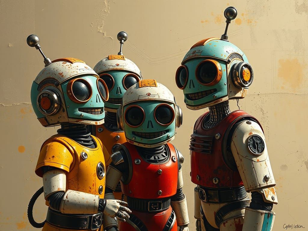 Joyful Robots in Impressionist Sci-Fi Style