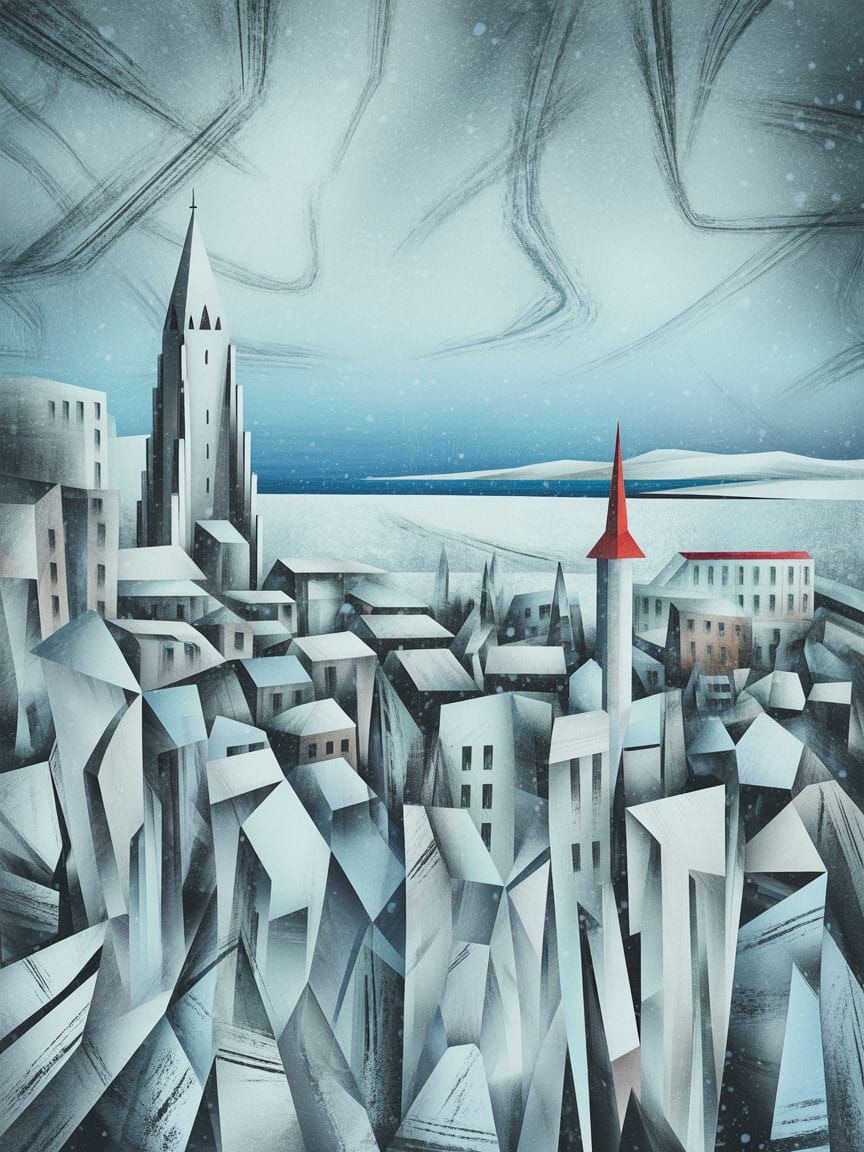 Reykjavik Skyline in Winter, Cubist Alcohol Ink Style