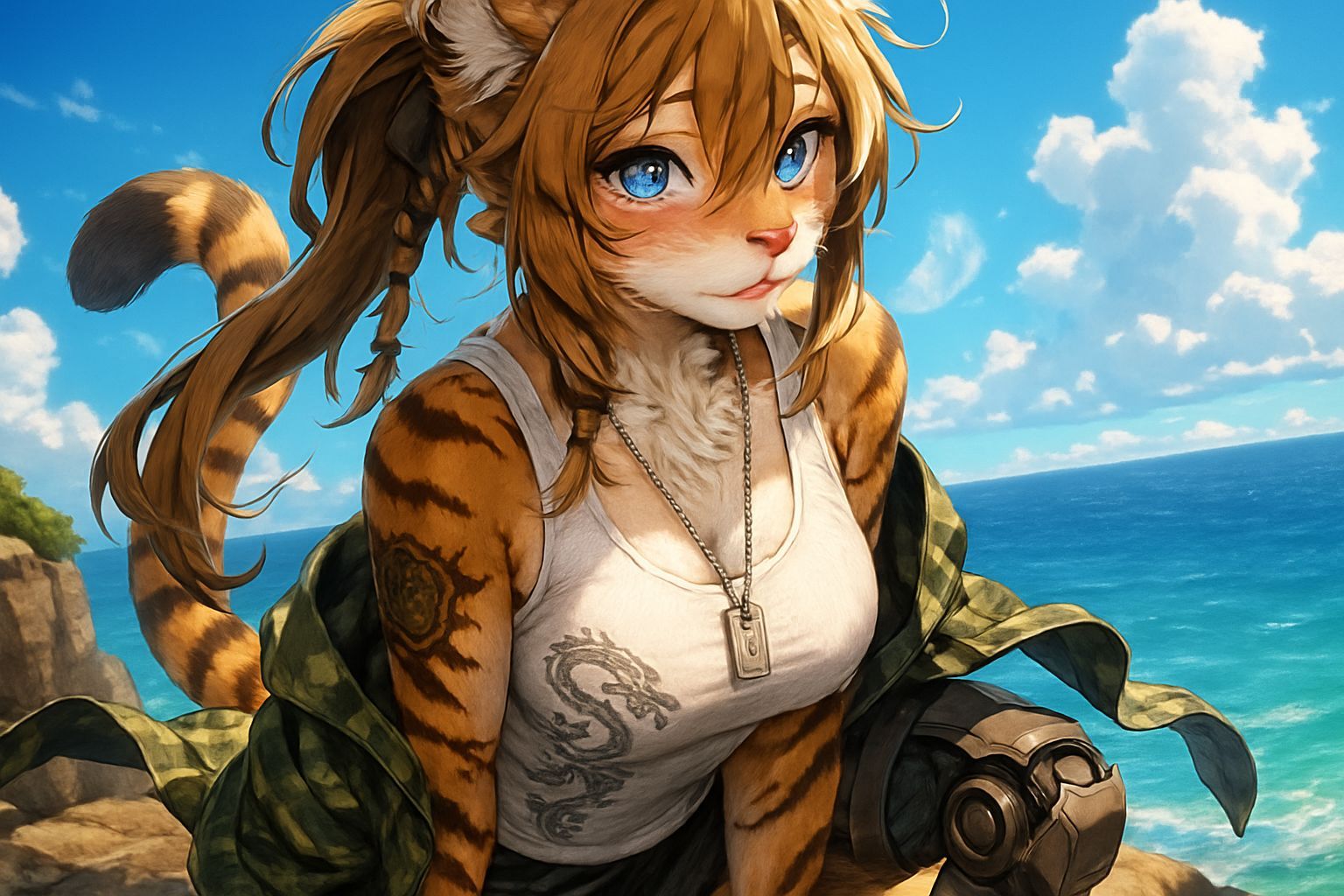 Anime Catgirl Cyborg with Tiger Stripes