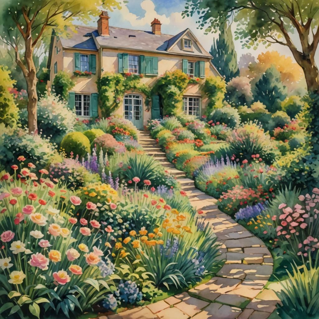 Impressionist Watercolor House with Lush Garden