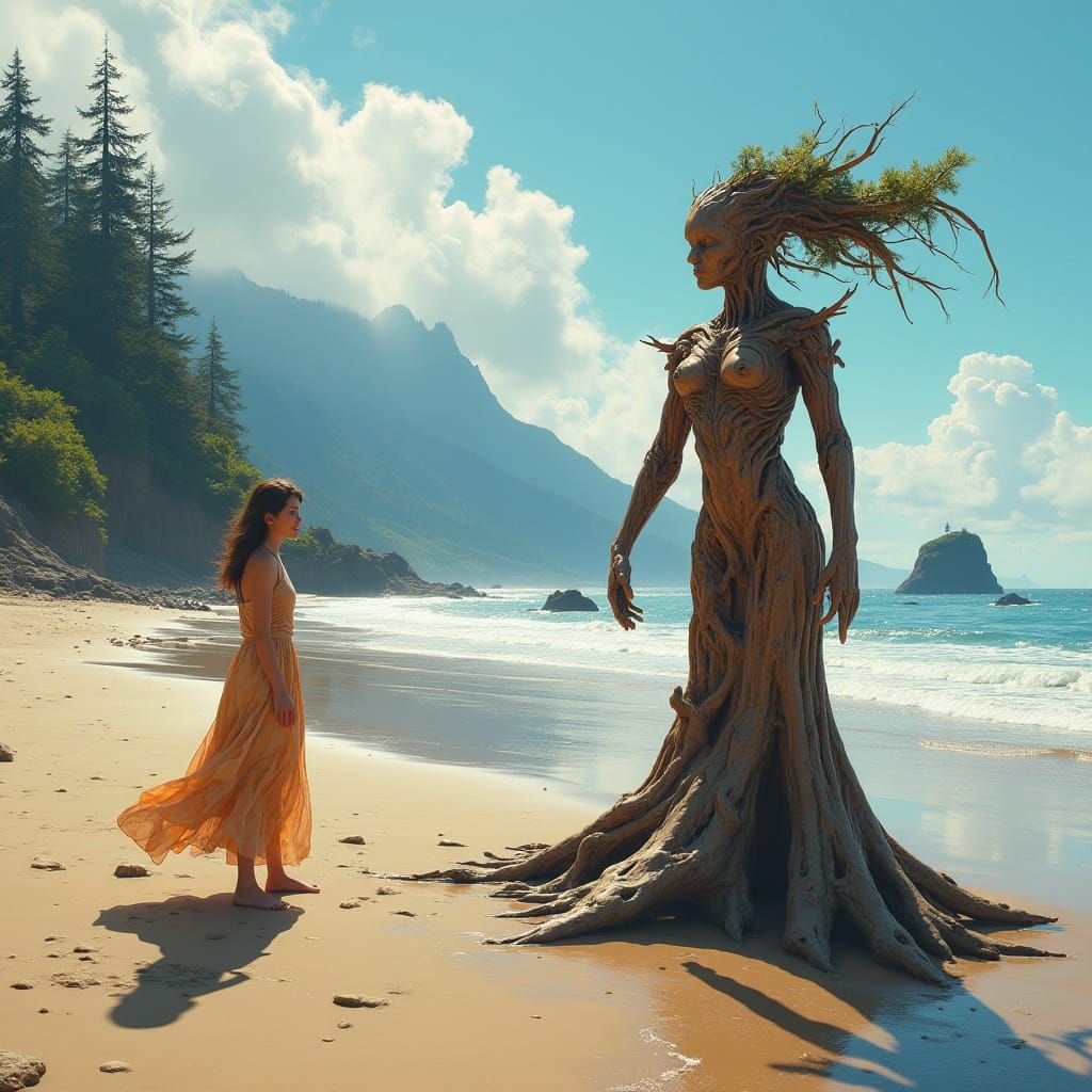 Oregon Coast Woman Finds Driftwood Double: Fantasy Art