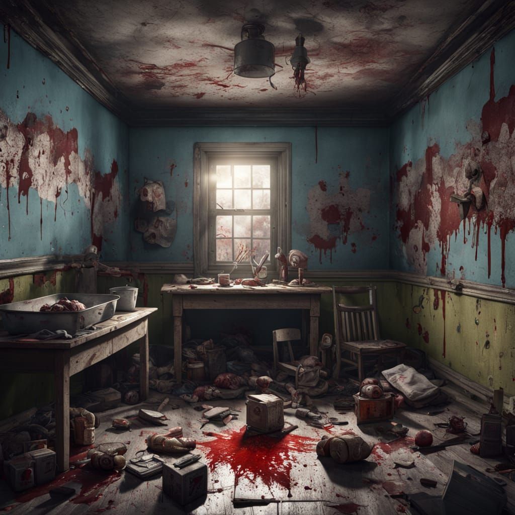 Creepy Dolls in Decaying Room, Horror Art