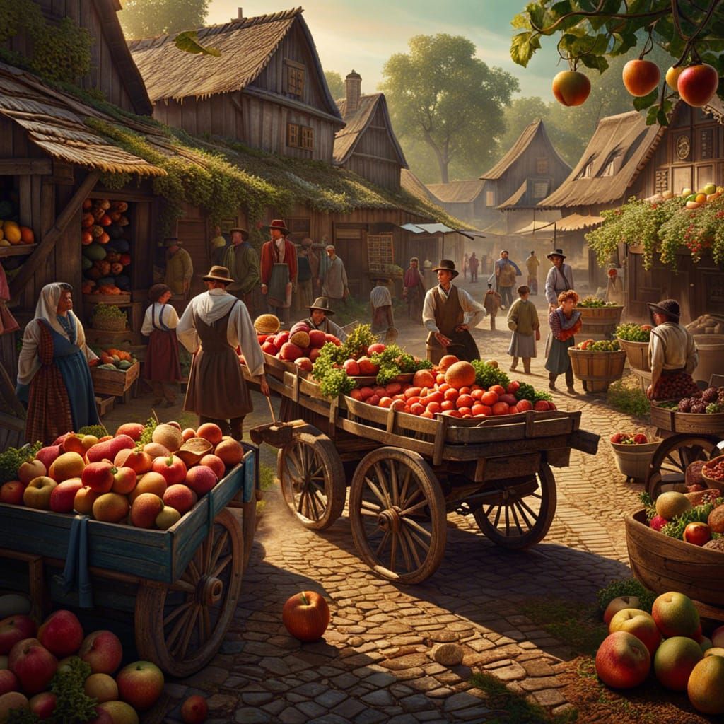 Vibrant Farmer's Market in a Fantastical Village