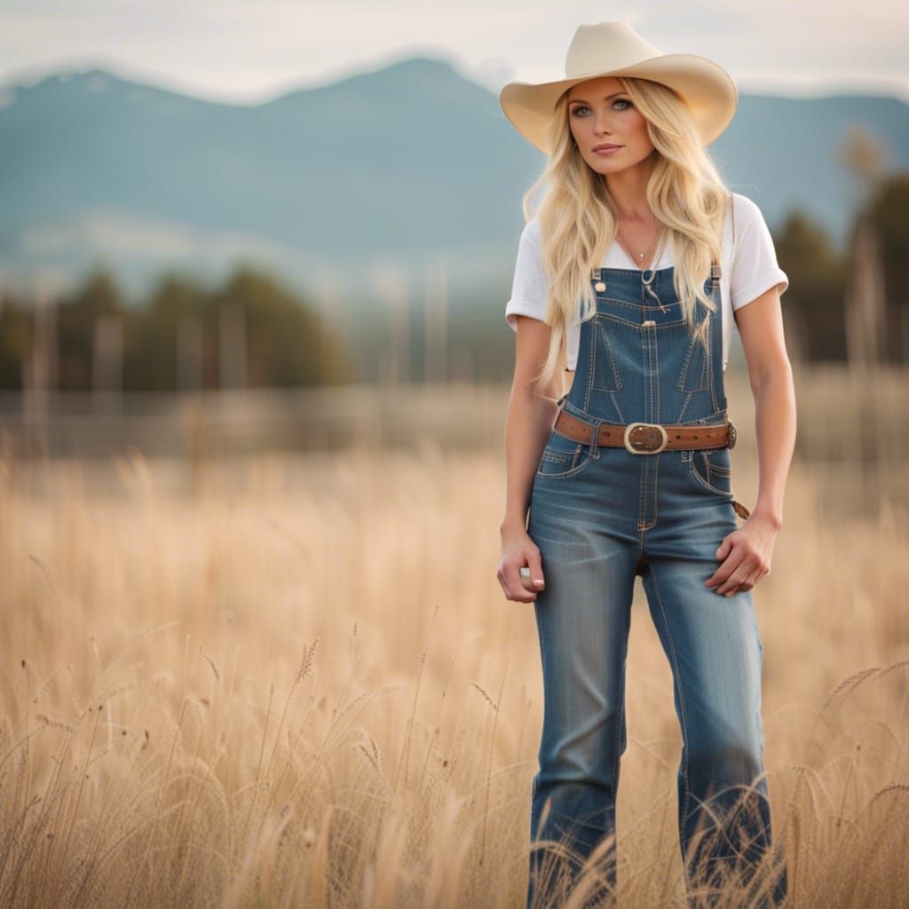 Blonde Cowgirl in Overalls and Cowboy Hat