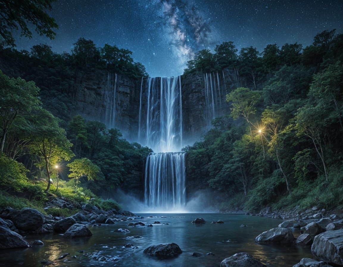 Mythic Nightfall Waterfall Illuminated by Celestial Bodies