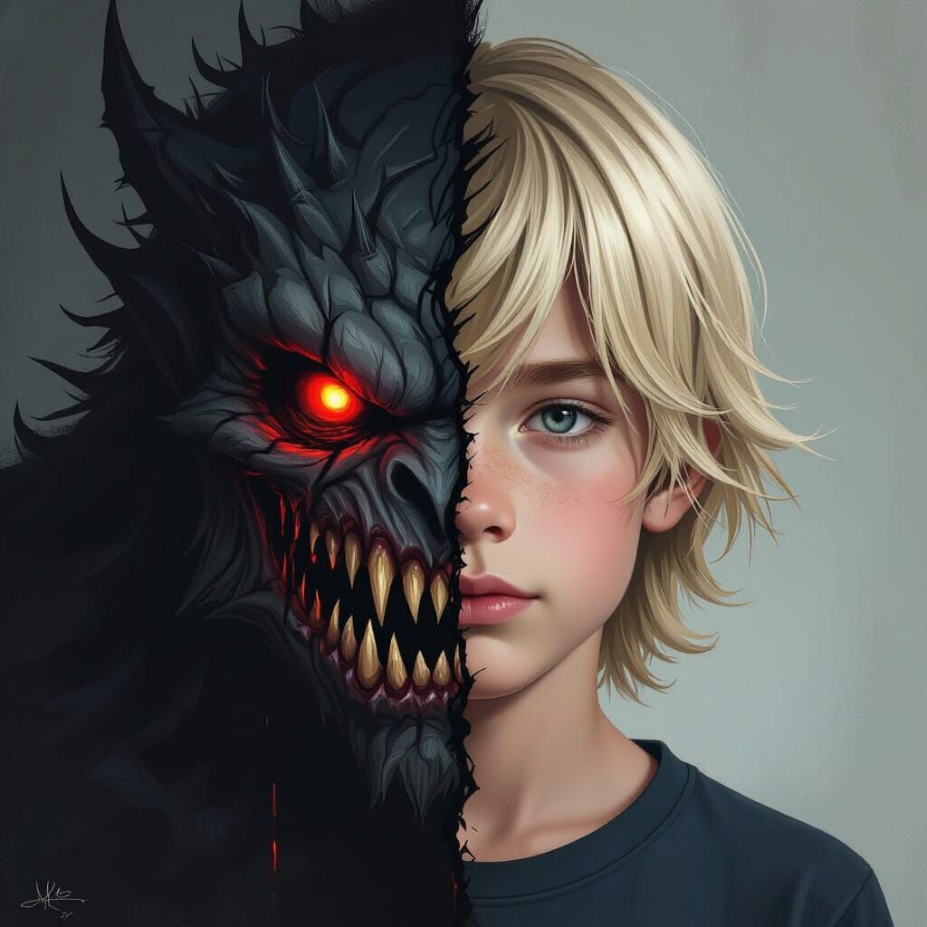 Split Face Portrait: Human Boy Meets Grotesque Monster
