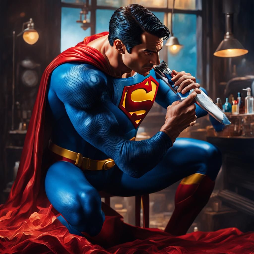 Hyperrealistic Superman Shaving with Colorful Background