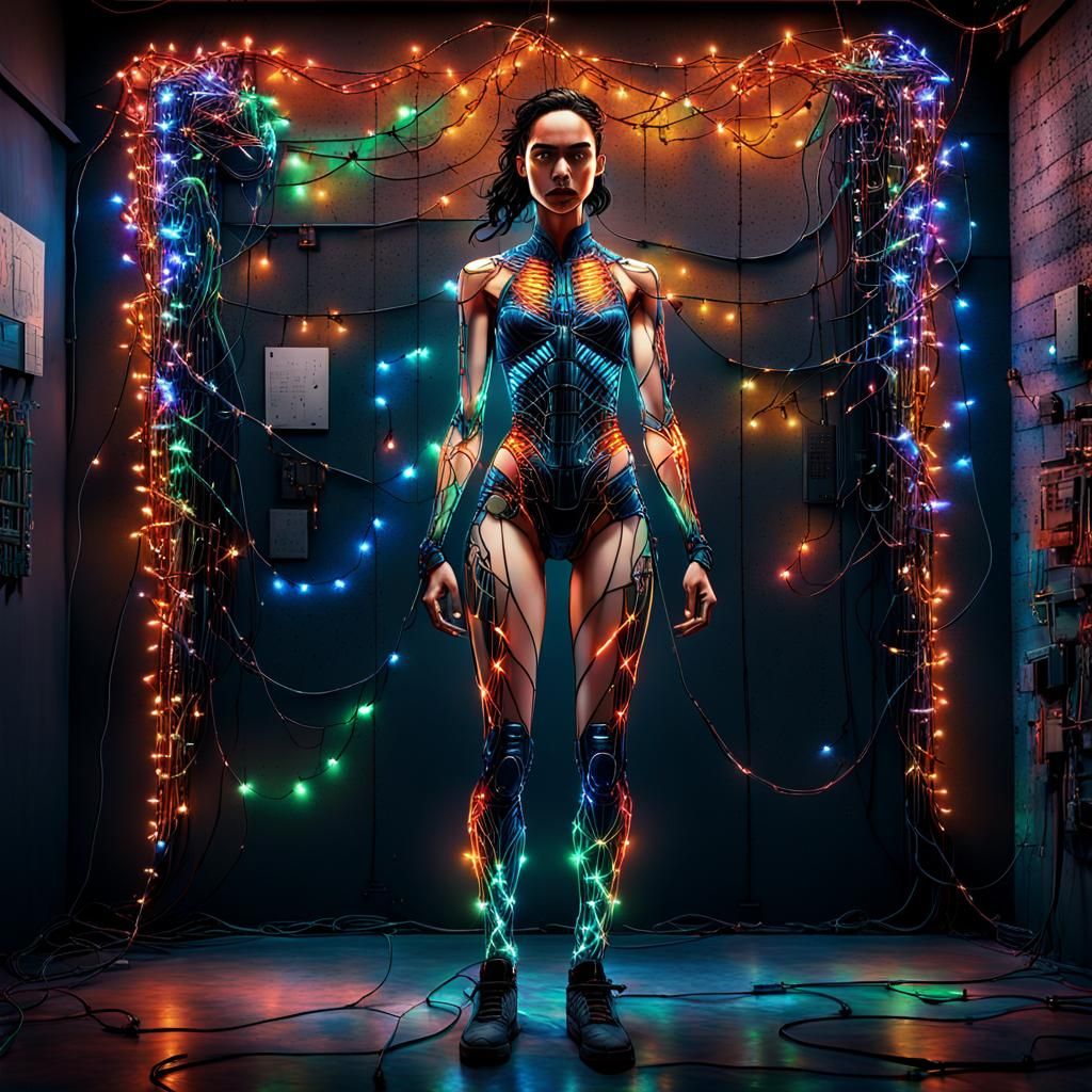 Cyberpunk Woman Amid Christmas Lights in Digital Art