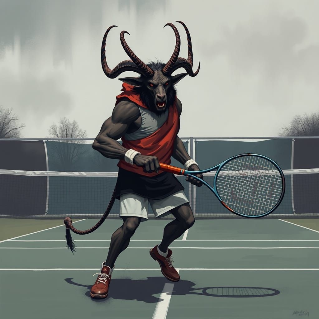 Krampus Plays Tennis in Retro-Futuristic Style