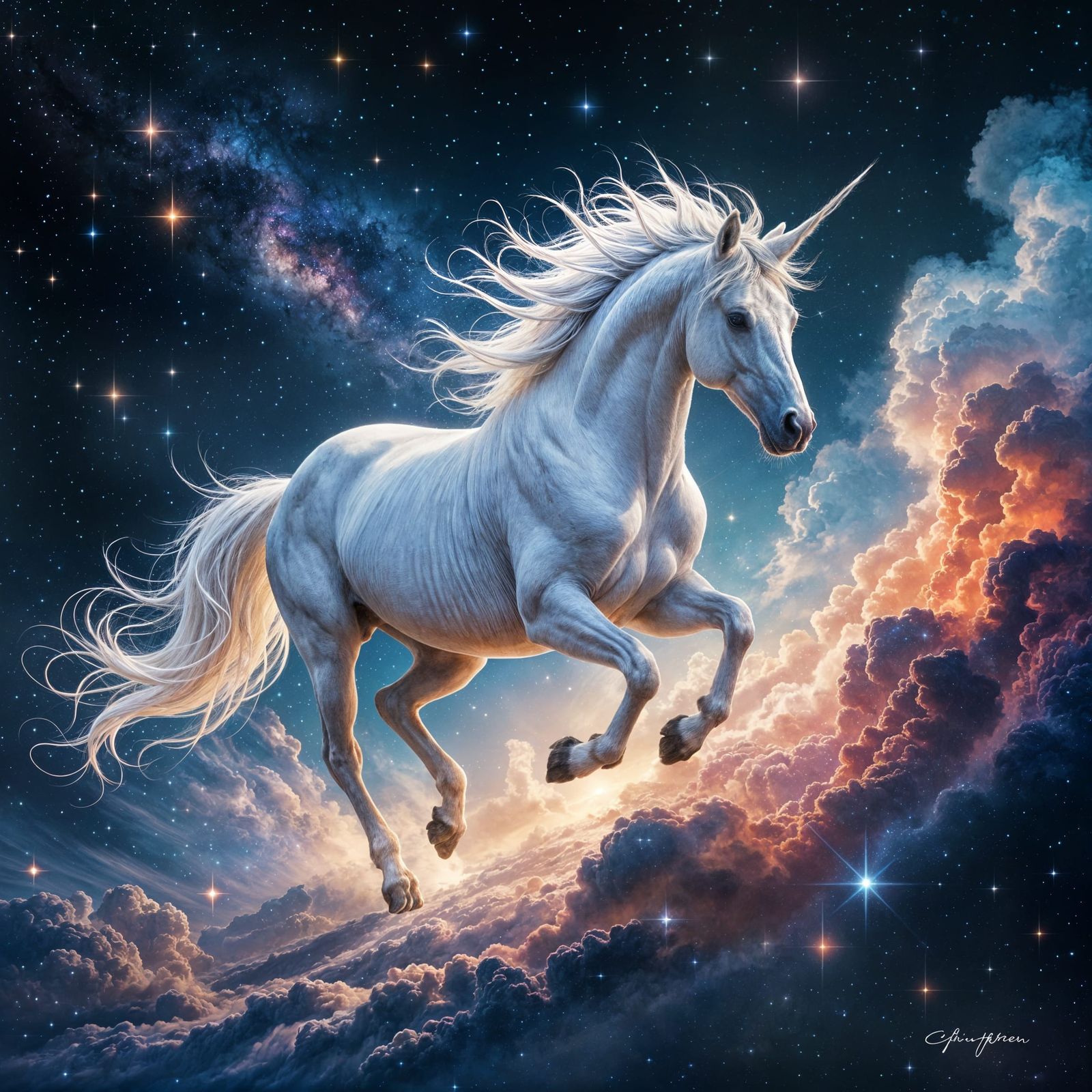 Celestial Horse Galloping Through Nebula in Watercolor Style