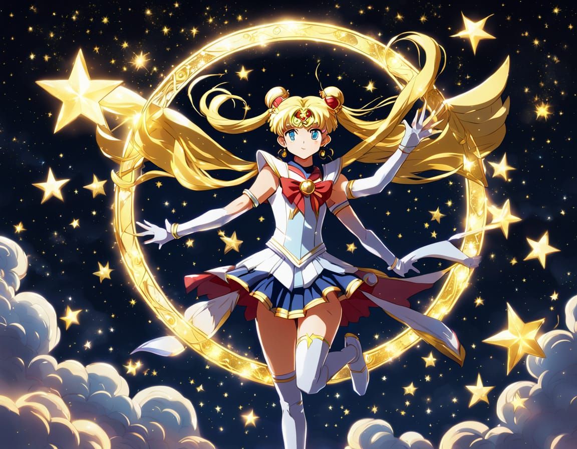 Sailor Moon Soars in Golden Splendor as Cel-Shaded Anime Art
